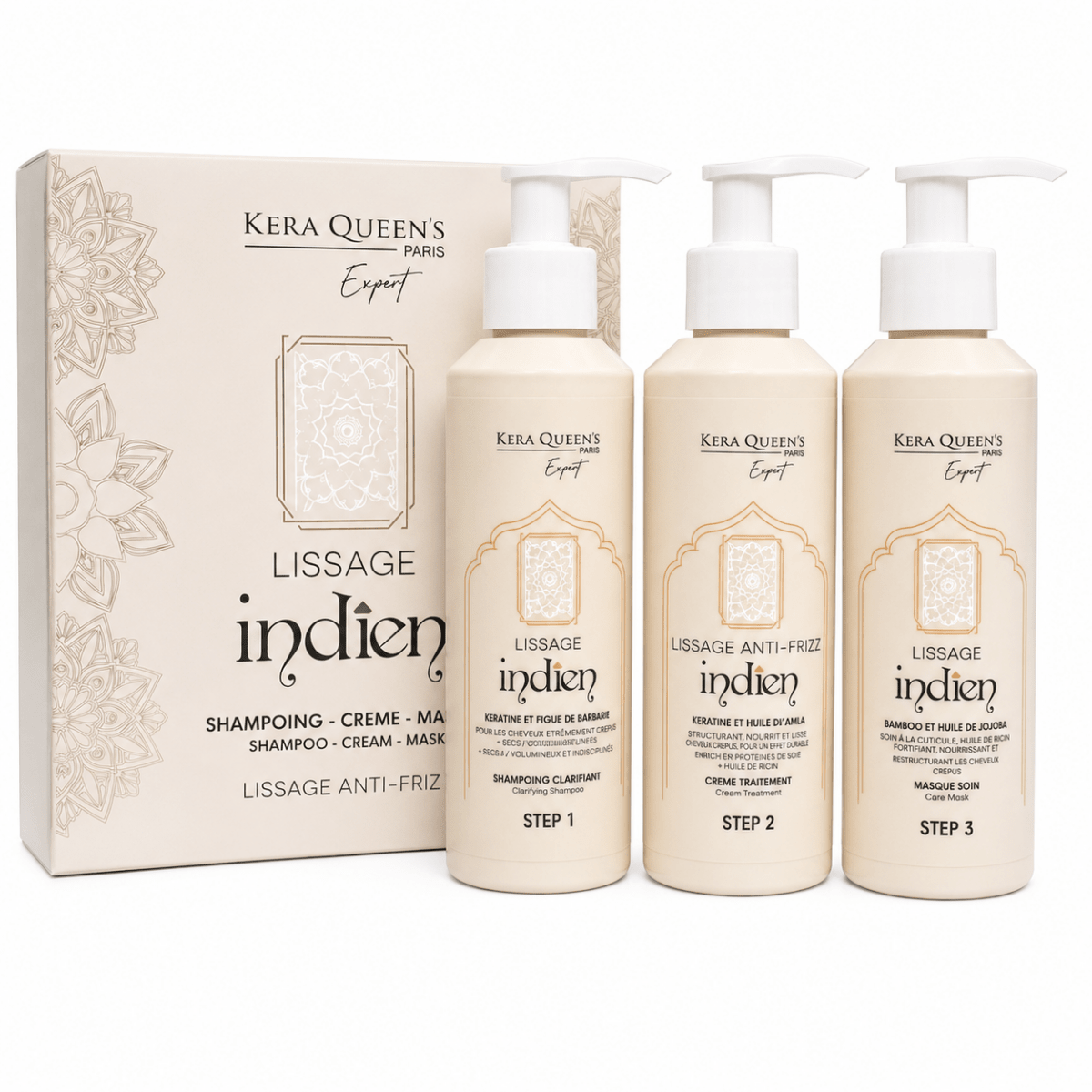 Kit lissage indien anti-frizz Kera Queen's Paris : shampoing clarifiant, crème traitement kératine et huile d'Amla, masque soin bambou et jojoba