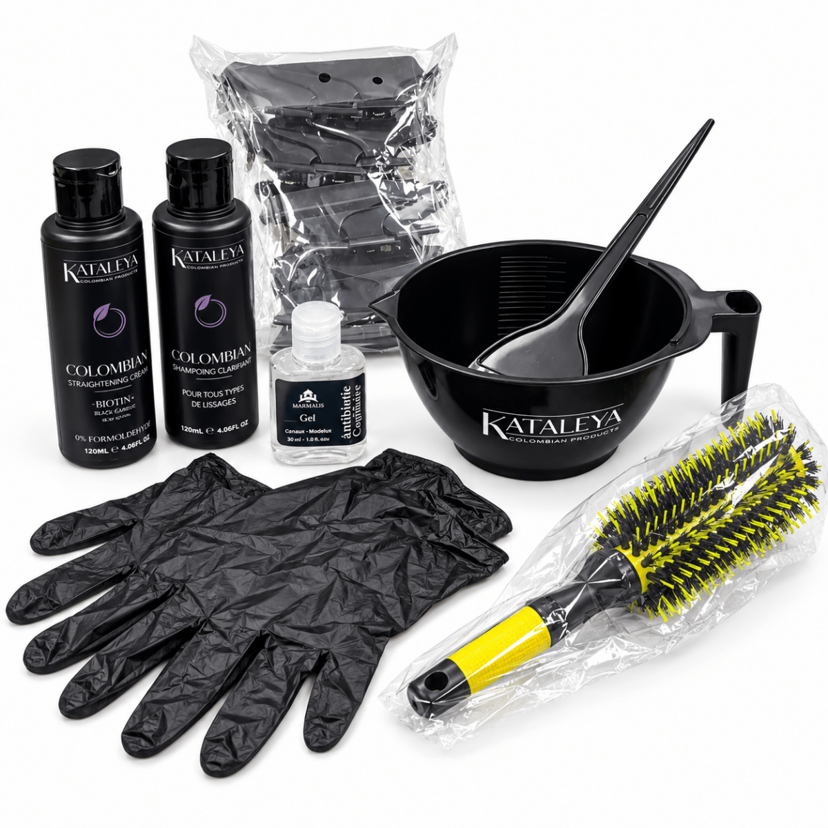 Mini kit lissage colombien Kataleya 120 ml, bol, pinceau, brosse professionnelle, gants, Antibiotique Capillaire Caviar et Nigelle et pinces