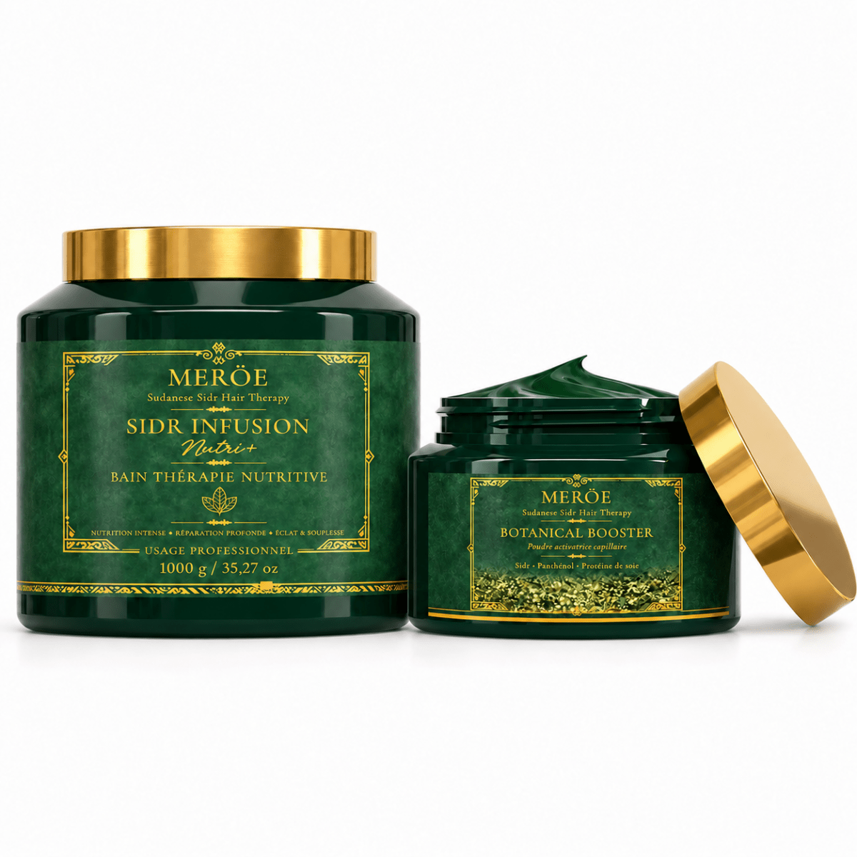 BTX soudanais au Sidr MERÖE – masque Sidr Infusion Nutri+ 1kg et poudre activatrice Botanical Booster au Sidr, panthénol et protéine de soie