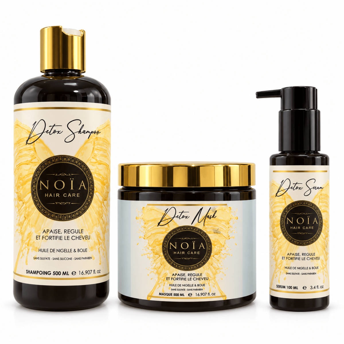 Kit Détox NOÏA Hair Care : shampoing 500 ml, masque 500 ml et sérum 100 ml à l'huile de nigelle et boue, sans sulfate