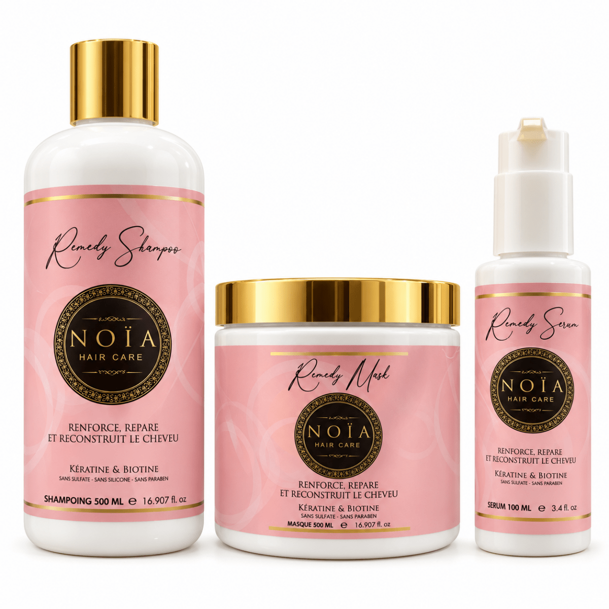 Kit Remedy NOÏA Hair Care cheveux abîmés : shampoing, masque et sérum réparateurs à la kératine et biotine
