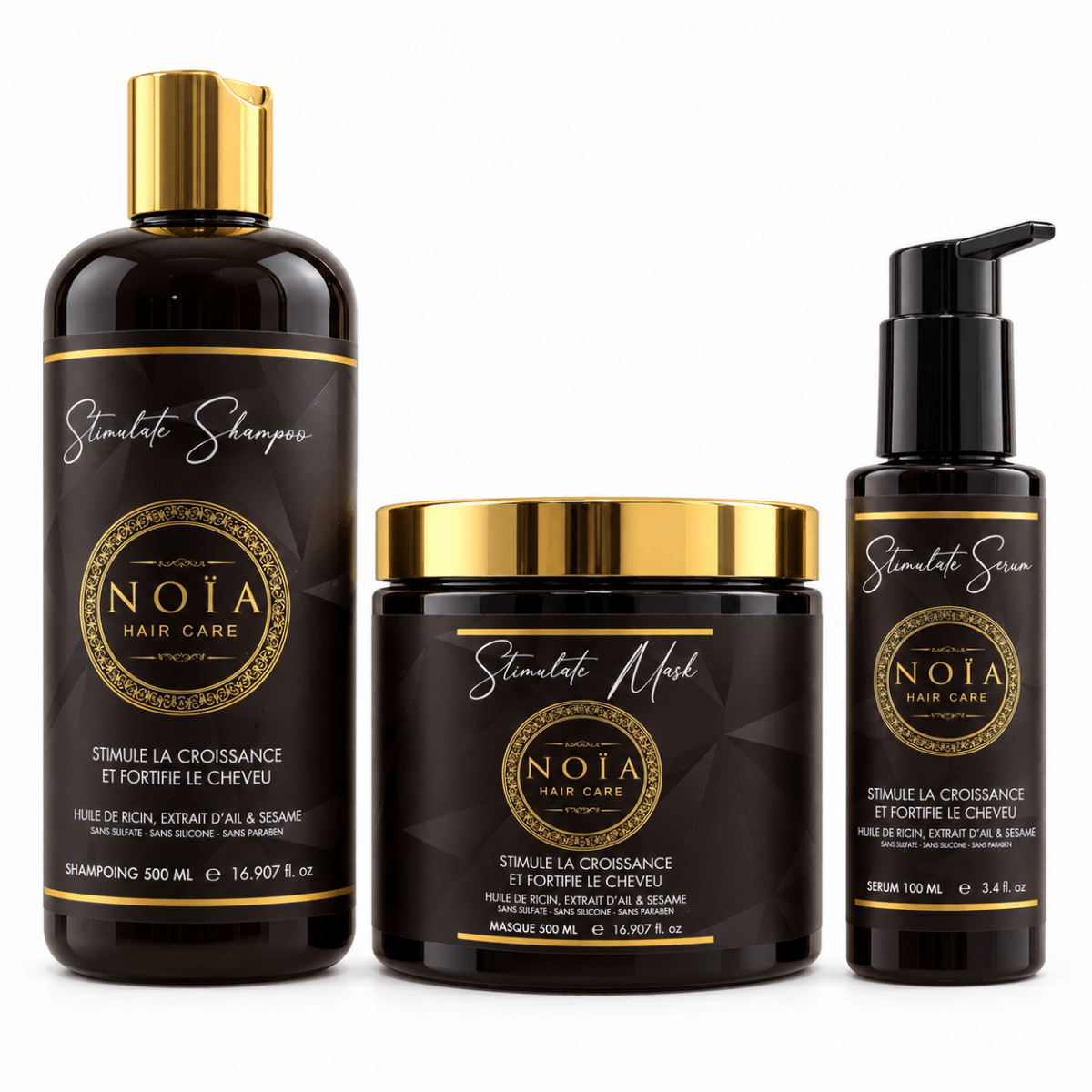 Kit Stimulate NOÏA Hair Care pousse des cheveux : shampoing, masque et sérum à l'huile de ricin, ail et sésame