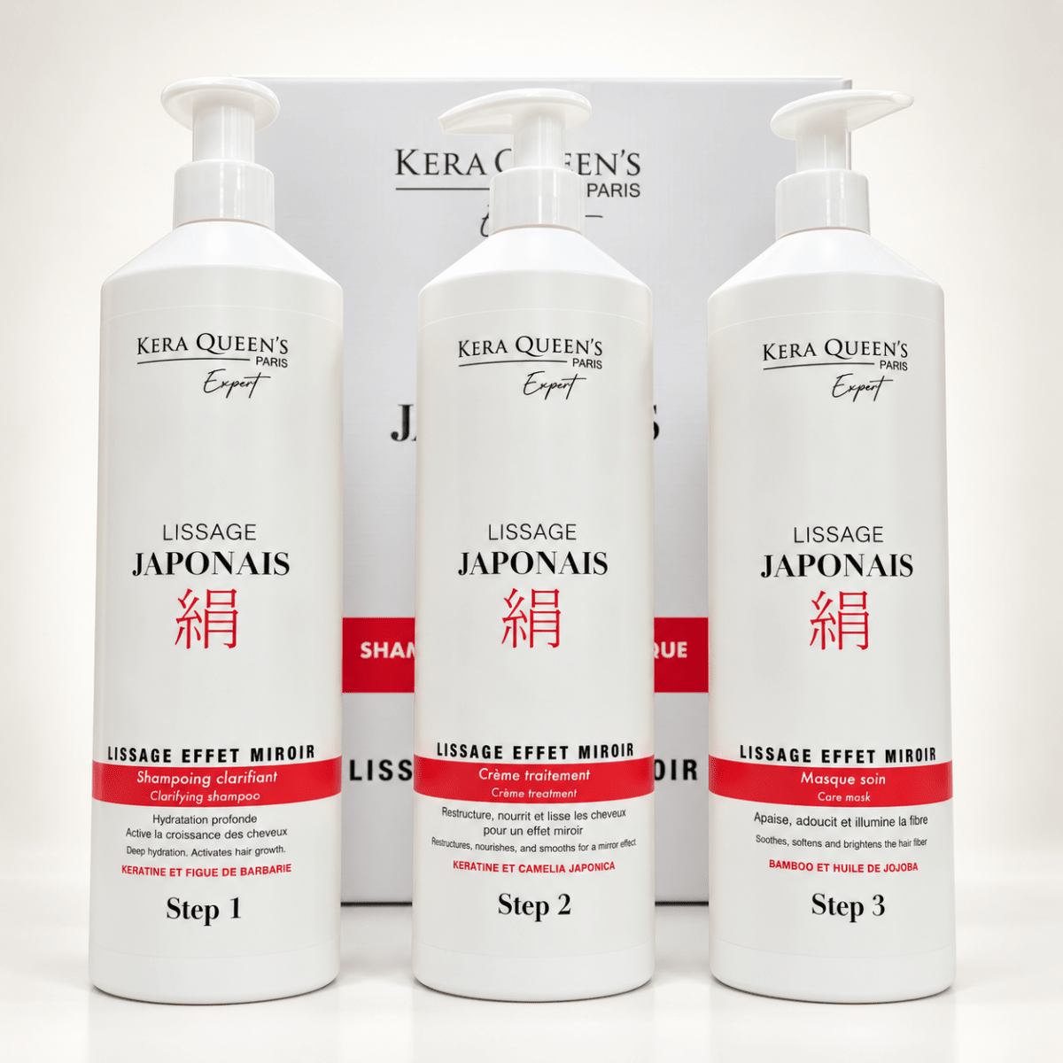 Kit lissage japonais effet miroir Kera Queen's Paris 3 x 1 litre : shampoing clarifiant, crème traitement kératine et Camelia Japonica, masque soin bambou et jojoba