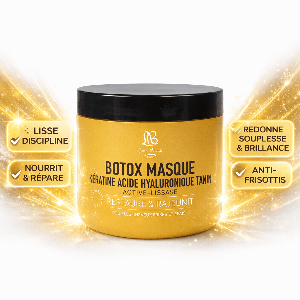 Masque capillaire BTX à la kératine, acide hyaluronique et tanin – pot doré Lauren Beauté Paris, soin lissant réparateur pour cheveux frisés et épais, sur fond blanc.