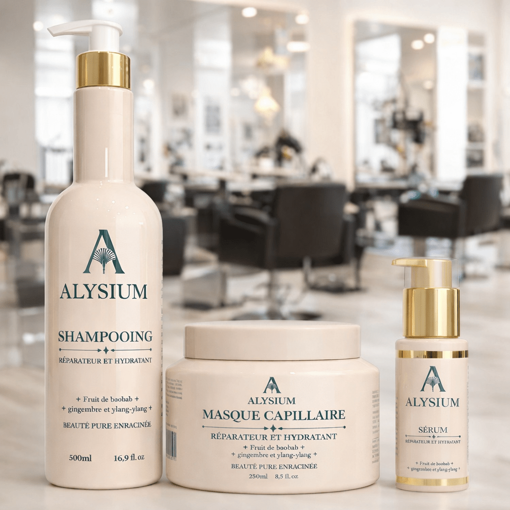 Kit capillaire Alysium réparation et hydratation composé d’un shampoing, d’un masque et d’un sérum