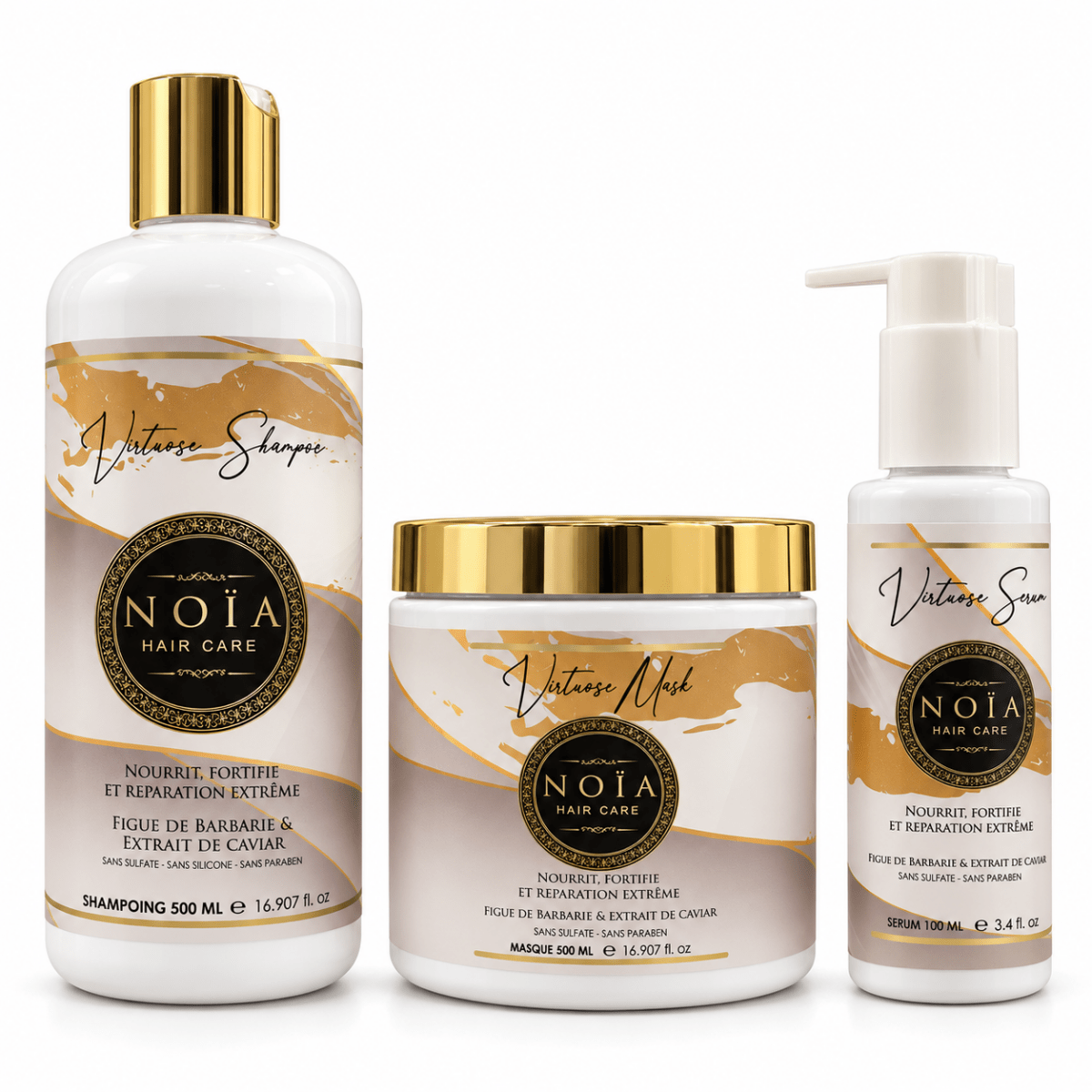 Kit Virtuose NOÏA Hair Care réparation extrême : shampoing, masque et sérum à la figue de barbarie et caviar