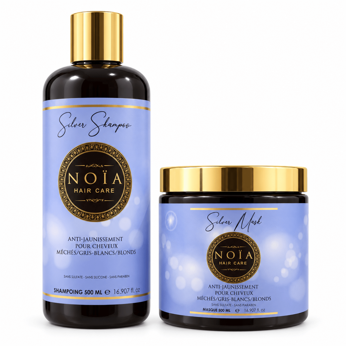 Duo Silver NOÏA Hair Care : shampoing et masque anti-jaunissement 500 ml pour cheveux blonds, méchés, gris et blancs