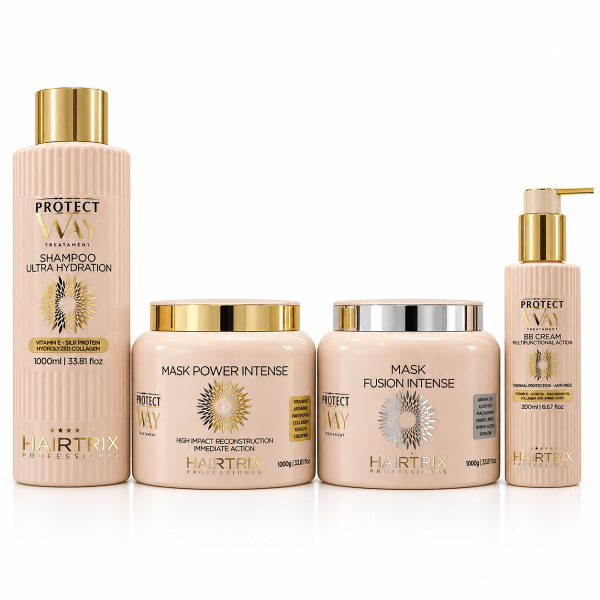 Kit professionnel soin cheveux abîmés Protect Way Hairtrix Professional 1 L – shampoing, masques Power et Fusion Intense 1 kg, BB Cream