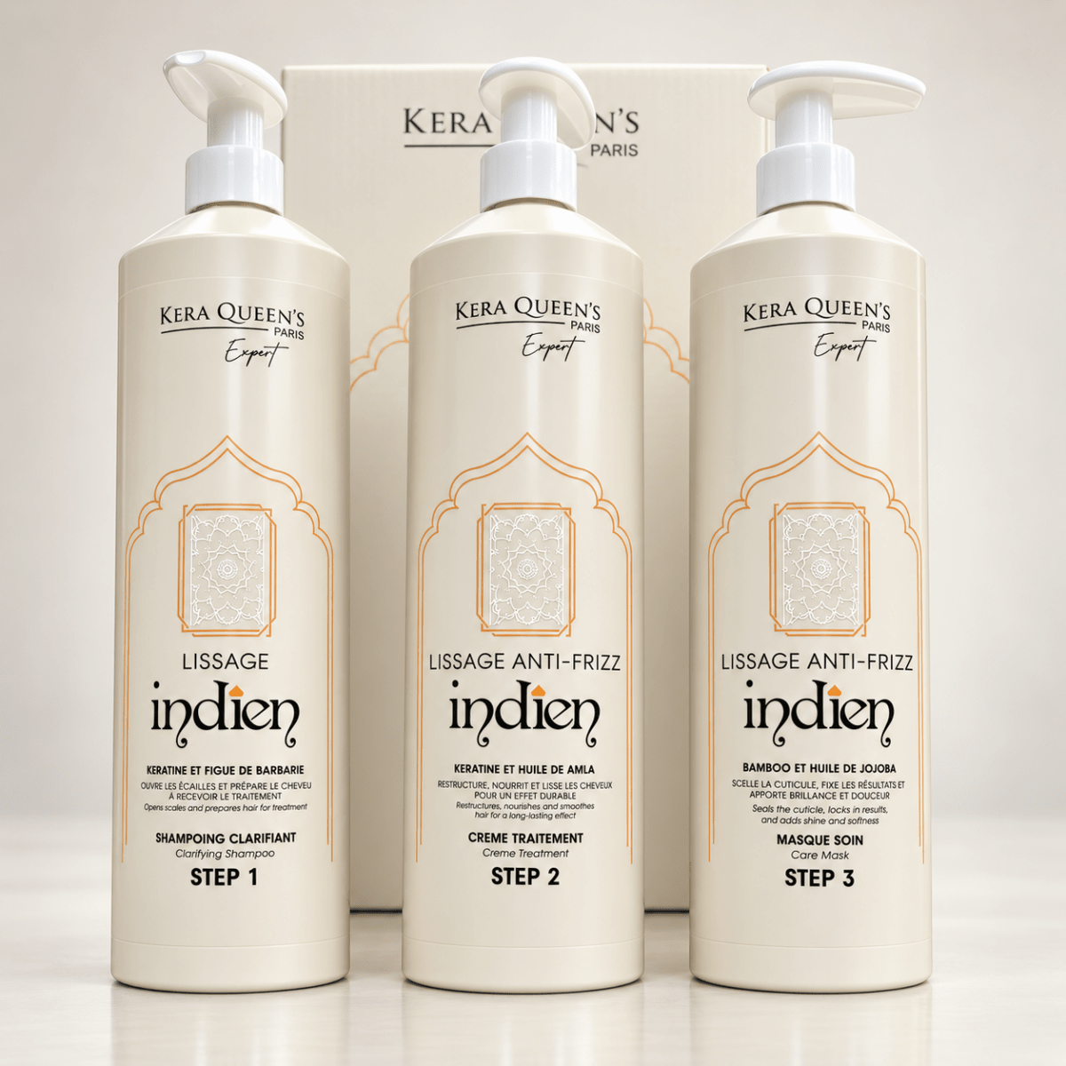 Kit lissage indien anti-frizz Kera Queen's Paris 3 x 1 litre : shampoing clarifiant, crème traitement kératine et huile d'Amla, masque soin bambou et jojoba
