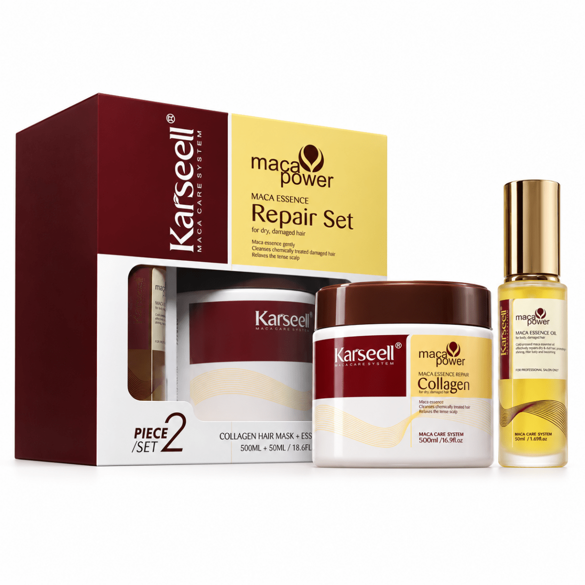 Coffret Karseell Maca Power Repair Set : masque collagène 500 ml et sérum huile de maca 50 ml